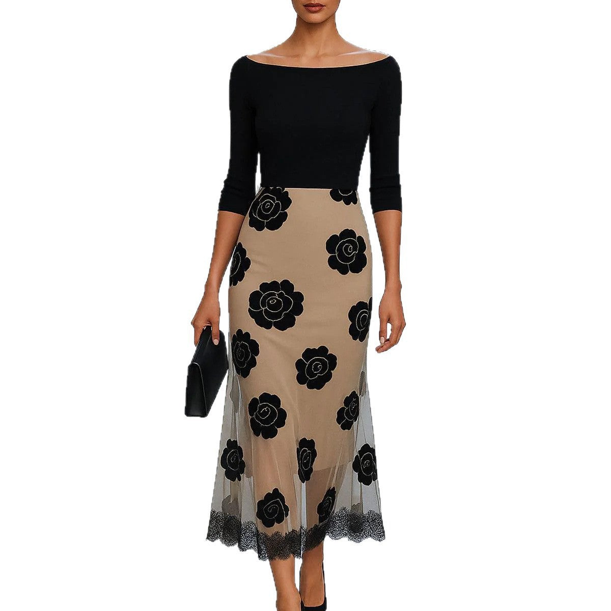 Boat-neckline Contrast-color Floral Lace Maxi Dress