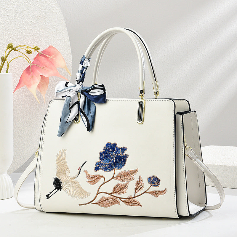 Womens New Chinese-Style National-Flair Embroidered Crane Fashion Crossbody Tote Bag