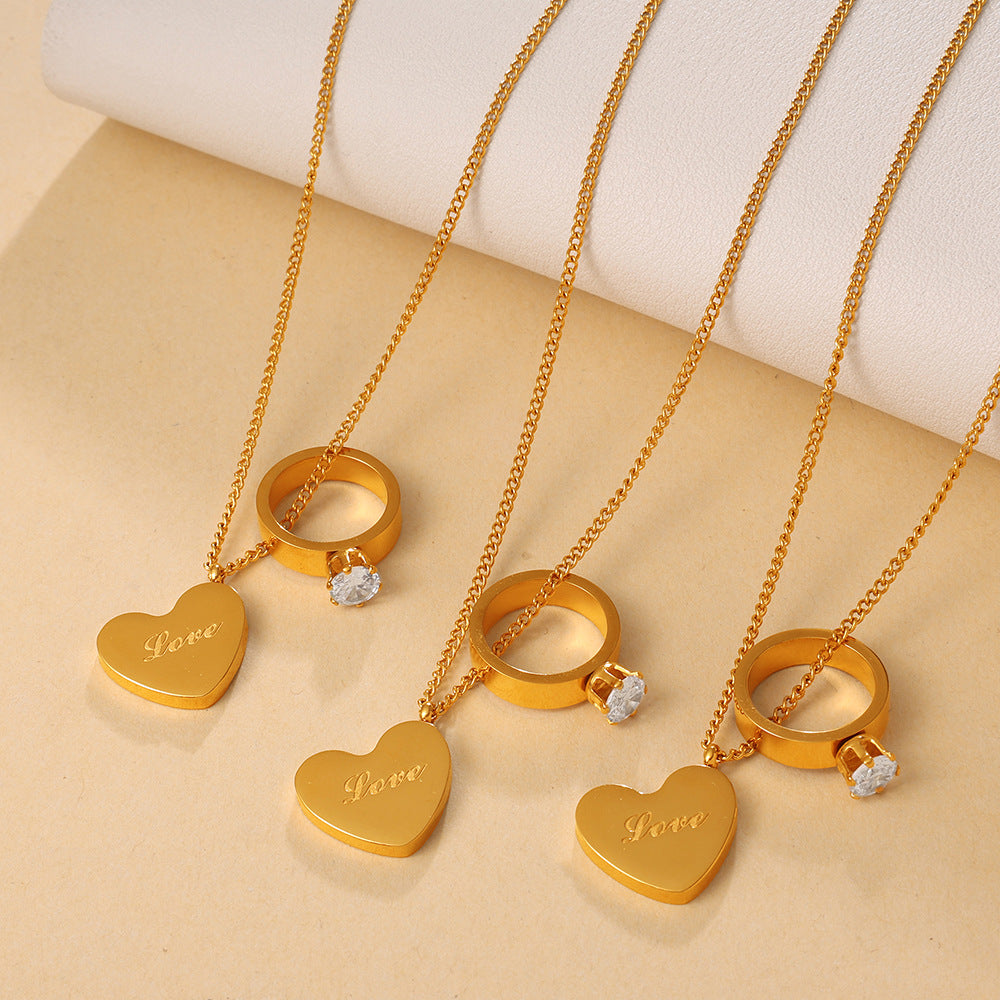 Love Engraved Gold Heart Double Pendant Rhinestone Stackable Couple Necklace