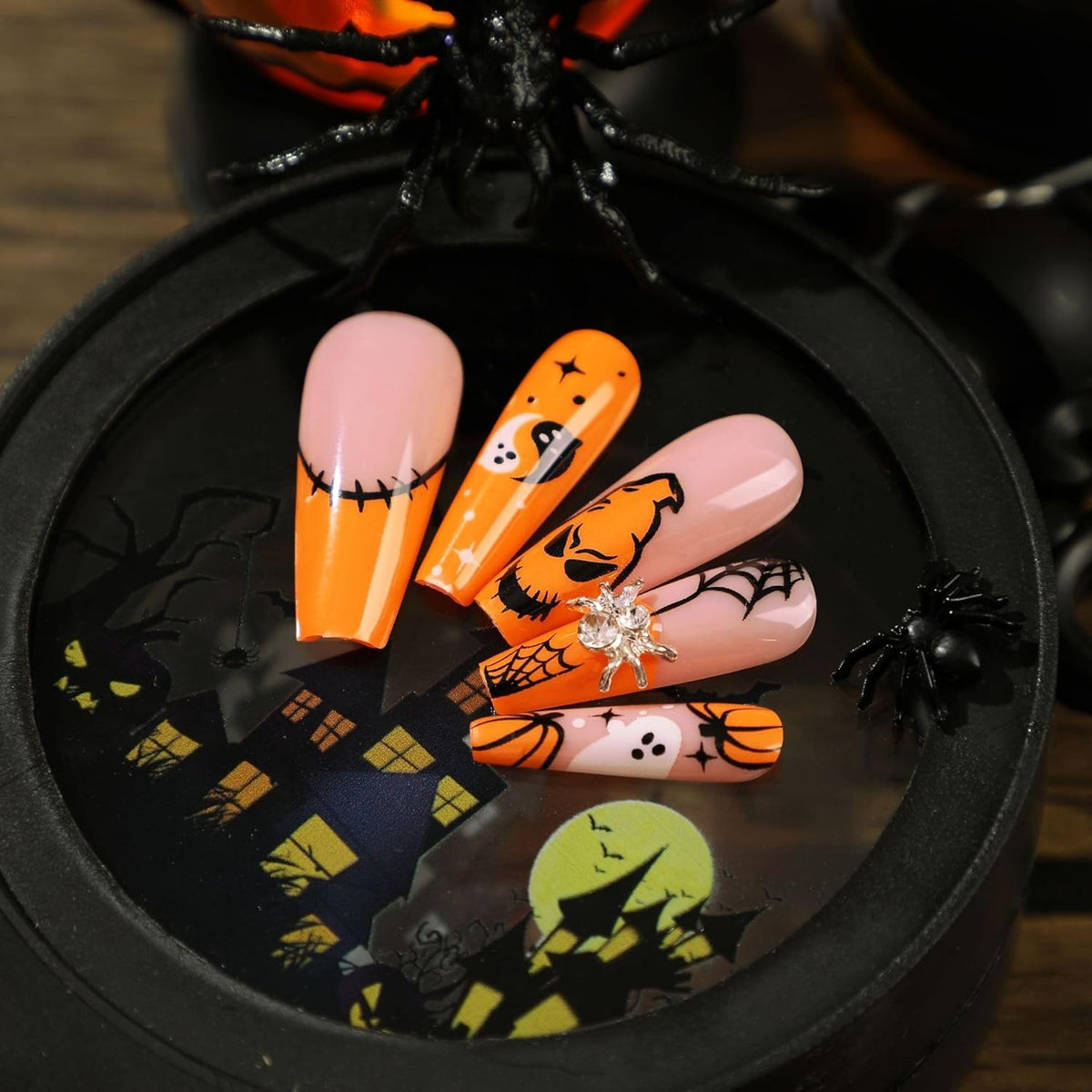 24 PCS Press On False Nails Short Medium Length Full Cover Acrylic Fake Nails Almond Shaped Ballerina Nails Cute Pumpkin Bat Ghost Spider Reusable Nails Nail Salons Home DIY
