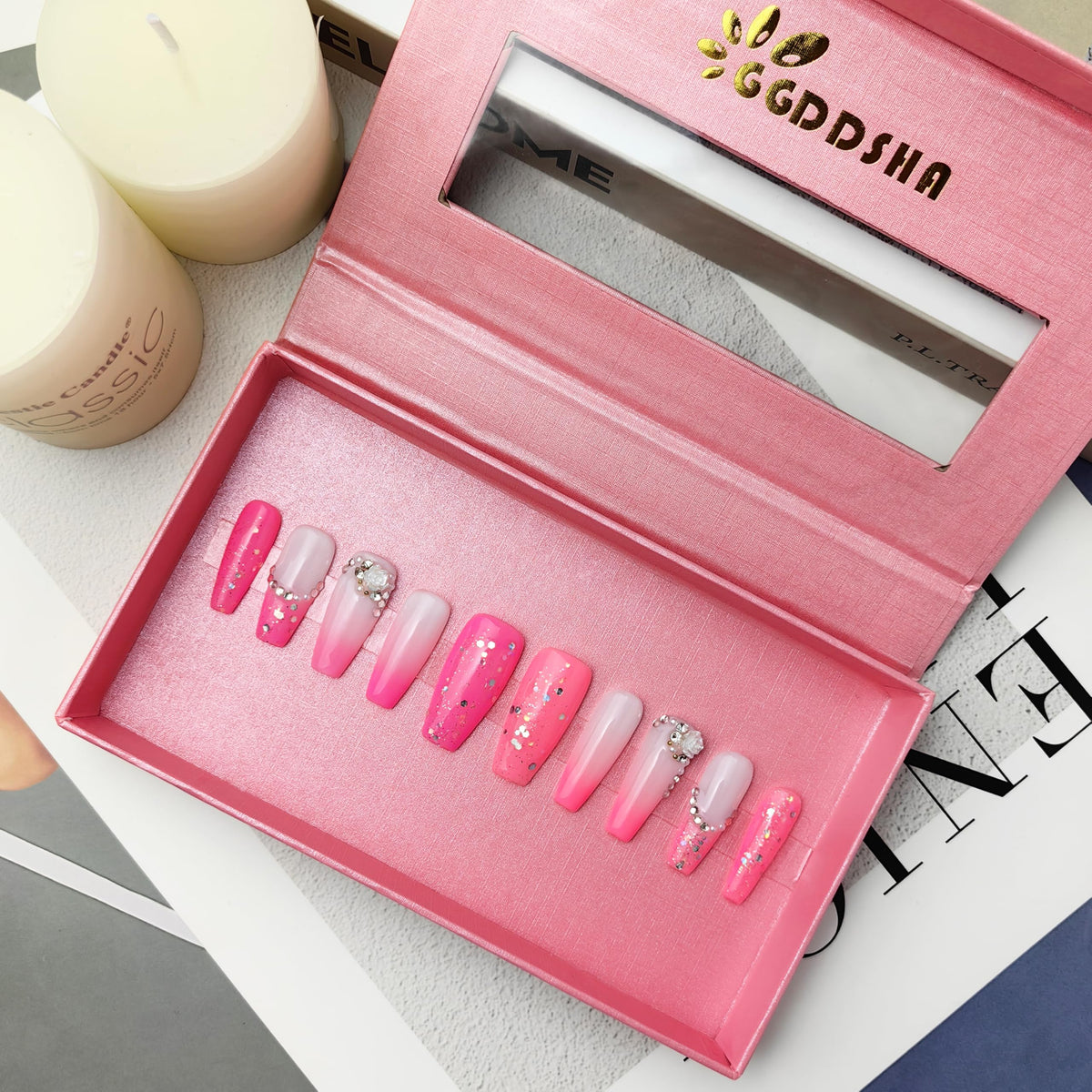 GGddsha Nails Handmade Pmma Acrylic Nails Press On NailsShort Reusable Fake False Nails Kit With Box Gifts ForWomen,Blush Elegance