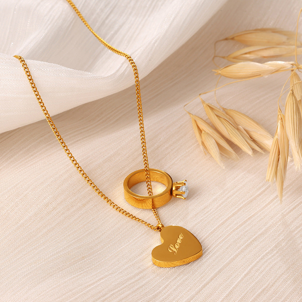 Love Engraved Gold Heart Double Pendant Rhinestone Stackable Couple Necklace